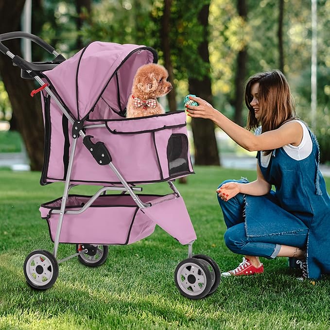 Dog Stroller,3 Wheels Travel Folding Pet Stroller for Small Medium Dog Cat Jogger Stroller with Storage Basket Removable Liner Pink-PurrikoPets