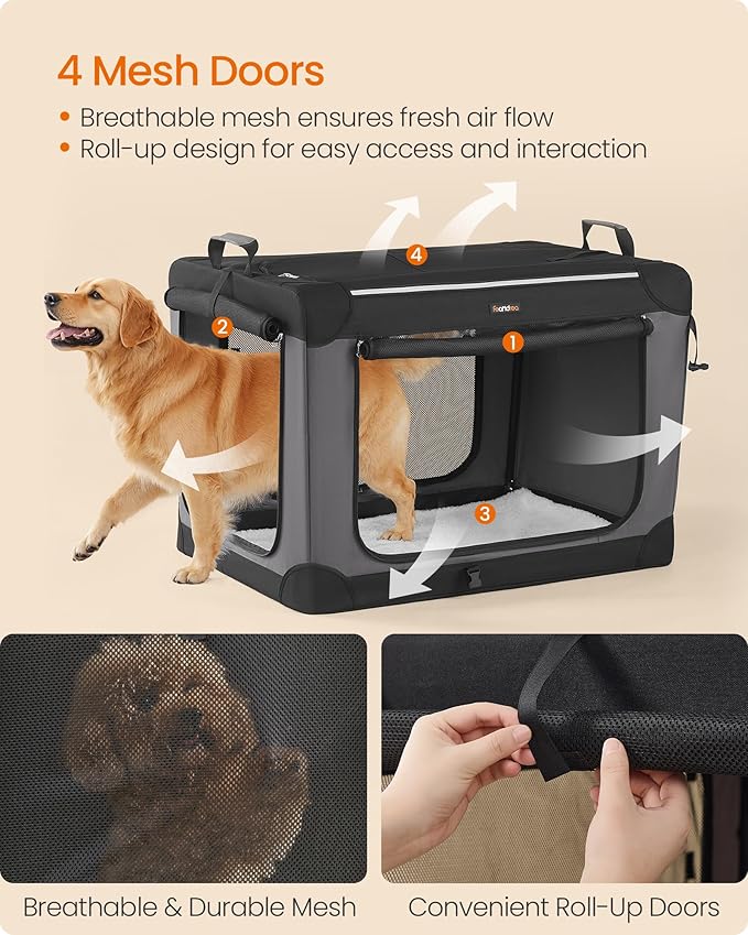 Feandrea Collapsible Dog Crate, 36-Inch Portable Dog Travel Crate for Large Dogs, Oxford Fabric Pet Carrier with 4 Mesh Doors, Handles, Storage Pocket, Water Bottle Holder, Ink Black UPDC019B01-PurrikoPets