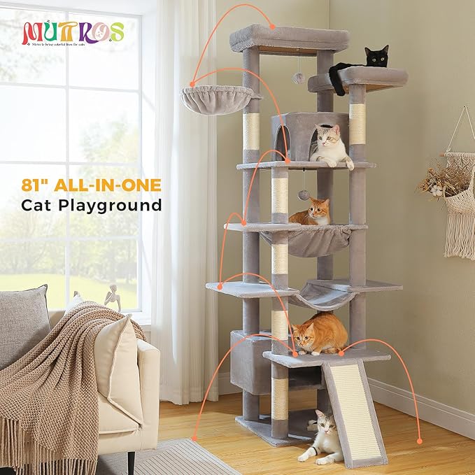 81" Heavy Duty Cat Tree for Large Cats up to 20lbs - Extra Tall Cat Tower with Metal Frame Hammock, 6 Sisal Scratching Posts, 2 Perches - Indoor Cat Furniture for Maine Coon, Big Cats, Gray-PurrikoPets