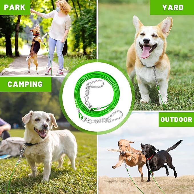 Dog Tie Out Cable 10/15/20/25/30FT Dog Run Cable Rosy Pink/Blue/Purple/Silver/Red/Green/YellowTie Out Cable for Large Dogs Heavy Duty for Outside Hold Large Dogs Up to 250LBS-PurrikoPets