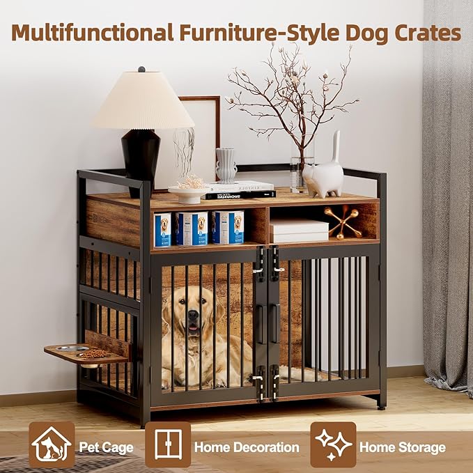 Furniture Style Dog Crate with Storage, 41 Inch Dog Crate Furniture with Double Doors, 2 Stainless Steel Bowls, Dog Crate Furniture-Style Crate for Large/Medium Dog-PurrikoPets