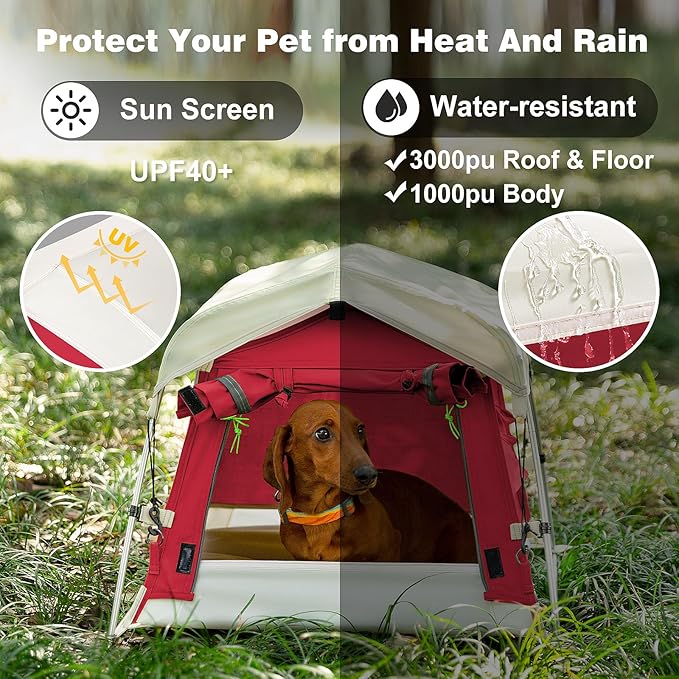Dog Tent Cotton Fabric, Aluminum Poles and Camping Mat, Outdoor Weatherproof, Dog House Outdoor, Breathable with 2 Side Windows, Portable and Collapsible (Red, Small)-PurrikoPets