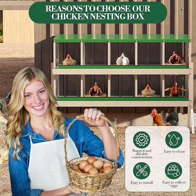 10 Hole Chicken Nesting Box with Roll Out Egg Tray, Rustproof & Ventilated Chicken Laying Boxes for Hens, Chickens, Ducks | Easy-Clean Poultry Coop Accessories, Green with Stand-PurrikoPets