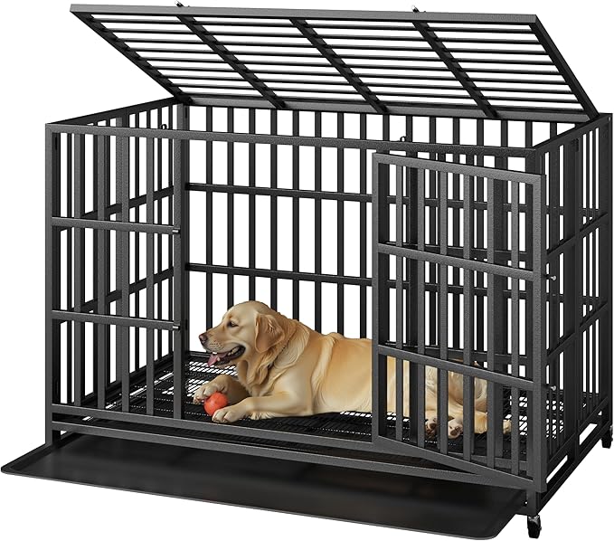 48 Inch Heavy Duty Indestructible Dog Crate Steel Escape Proof, High Anxiety Cage, Kennel with Wheels, Removable Tray, Extra Large XL XXL-PurrikoPets