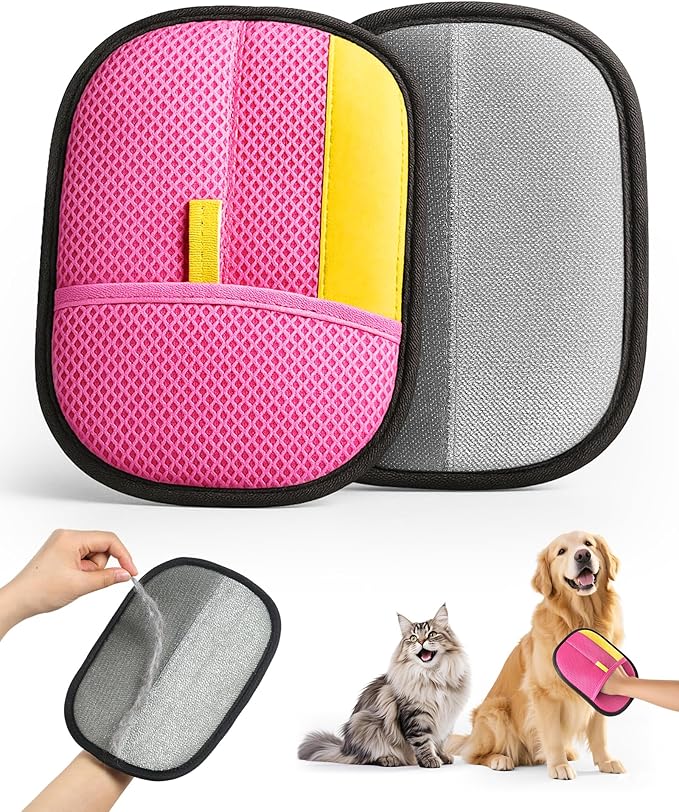 2025 Thickened Electrostatic Pet Hair Removal Gloves (2 Pcs) - Reusable Strong Grooming Gloves for Cats & Dogs, Hair Remover for Couch, Furniture, Carpet, Car Seats & Clothing (Pink)-PurrikoPets