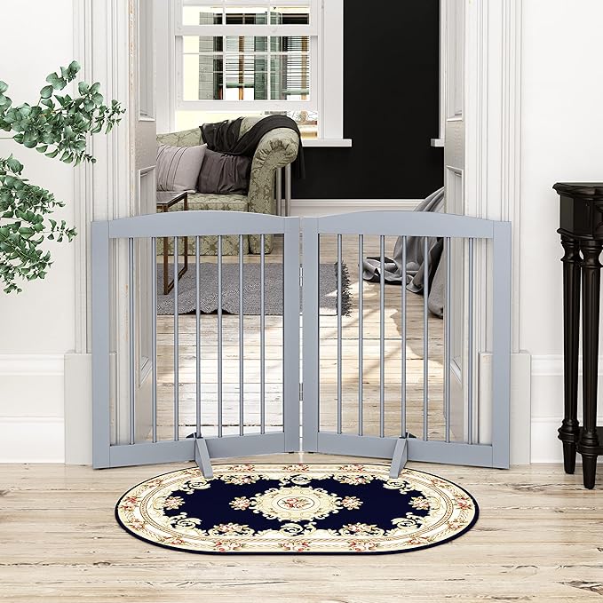 Freestanding Pet Gate for Dogs, Foldable Wooden Dog Gate for House, Indoor Pet Barrier for Stairs, Doorways, Support Feet Included, 24" Height 2 Panels, Grey-PurrikoPets
