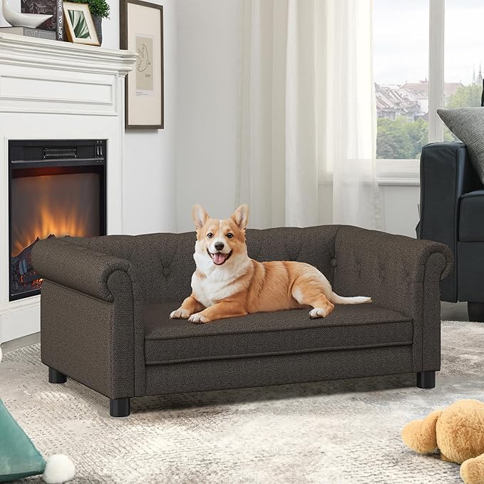 Dog Sofa Couch for Medium to Large Dogs, Memory Foam Pet Sofa Couch with Washable Fabric, Durable Elevated Dog Bed with Legs, Removable Cushion for Medium and Large Dogs, Dark Brown-PurrikoPets