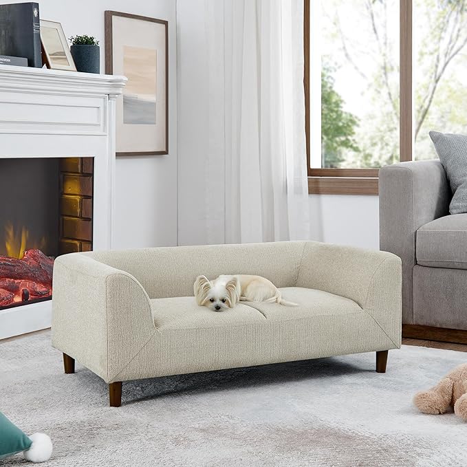 Dog Sofa Couch for Medium to Large Dogs, Memory Foam Dog Sofa Bed, Modern Elevated Pet Couch Bed with Wooden Legs for Medium and Large Dogs, Dark Beige-PurrikoPets