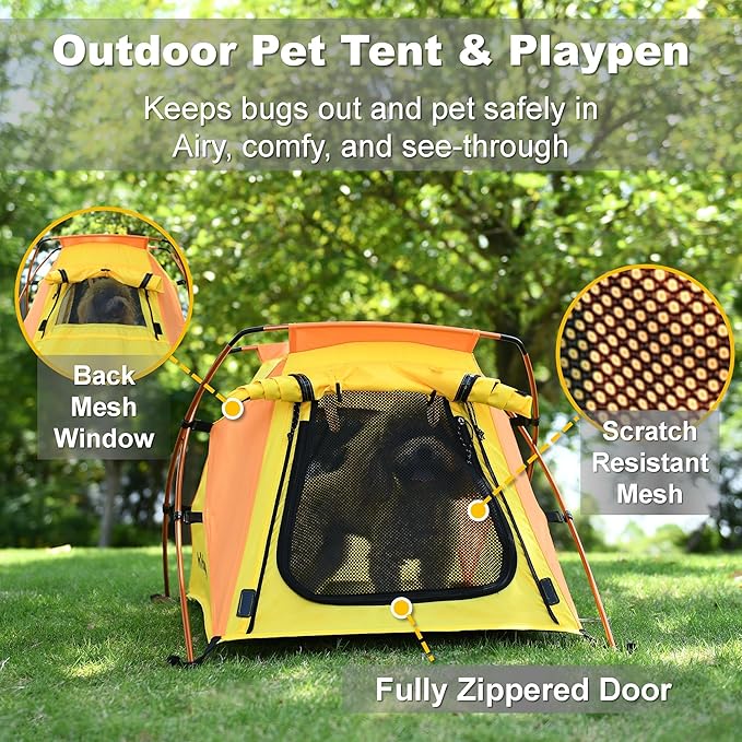 Dog Tent and Portable Playpen Outdoor Waterproof, with Aluminum Poles and Camping Mat, Pet Tent with Zippered Mesh Door, Dog House Outdoor, for Camping, Travel, Backyard, Patio (Yellow, Small)-PurrikoPets