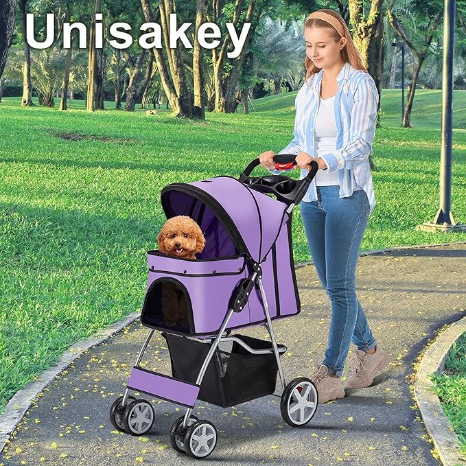 4 Wheels Pet Stroller for Small Medium Dogs Cats 10-33 lbs, Foldable Dog and Cat Stroller with Cup Holder & Storage Basket & Breathable Mesh, Pet Strolling Cart for All-Season, Purple-PurrikoPets