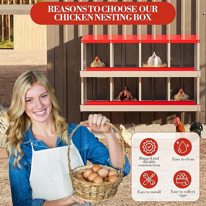 8 Hole Chicken Nesting Box with Roll Out Egg Tray, Rustproof & Ventilated Chicken Laying Boxes for Hens, Chickens, Ducks | Easy-Clean Poultry Coop Accessories-PurrikoPets