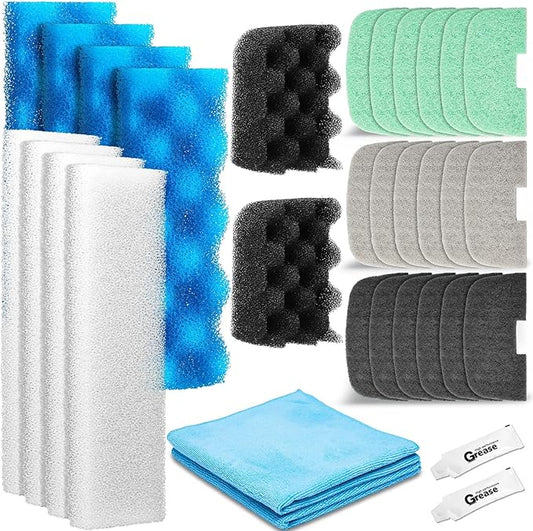 32 Pcs Aquarium Replacement Maintenance Kit Compatible with Fluval 206/207 Filter Media Including Biological Sponge, Ammonia/Phosphate/Nitrite Remover Pad, Aquarium Towel, Grease-PurrikoPets