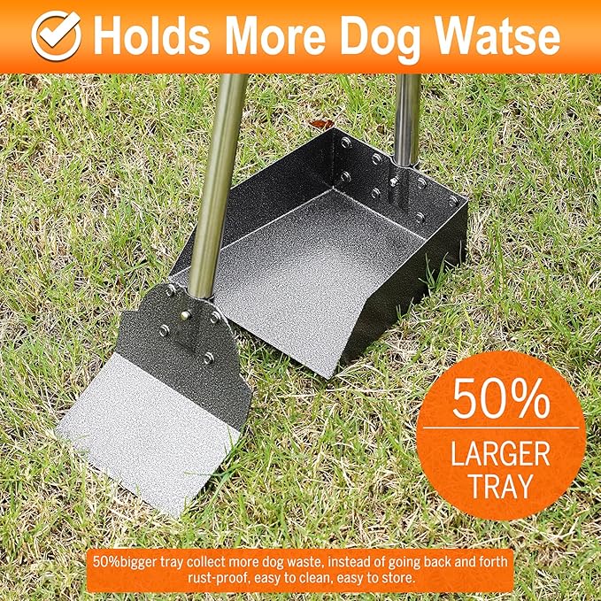 Dog Pooper Scooper, Adjustable Handle Poop Scooper with Tray,Rake and Spade Set of 3, Steel Stainless Poop Scoop for Medium Large Dogs and Pet Waste on Grass, Dirt and Gravel (Large Size)-PurrikoPets