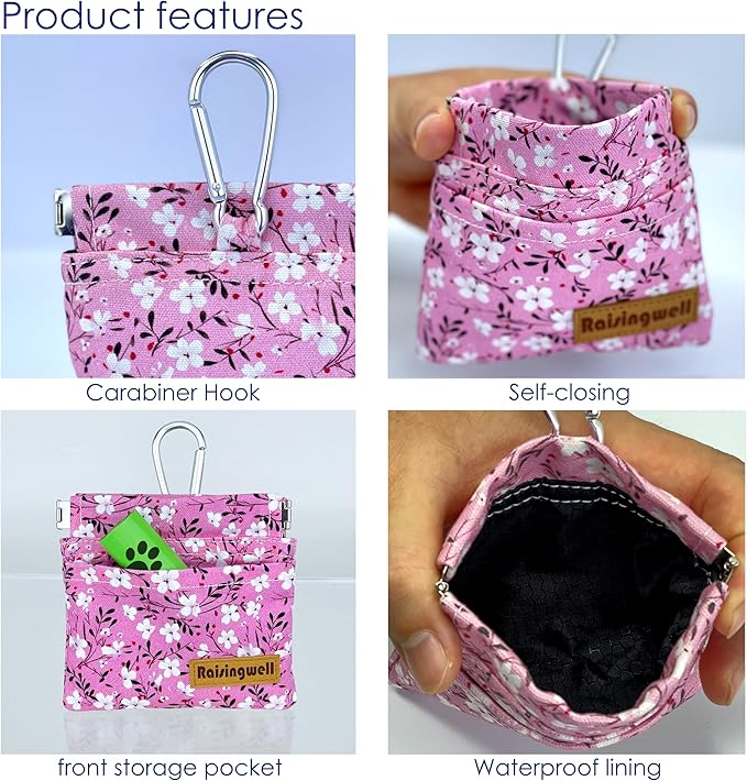 Dog Treat Pouch, Small Cotton Pocket Sized Training Holder, Hand Free Walking Fanny Bag with Carabiner, Self-Closing Pet Feed Snack Reward, Behavior Aids for Puppy Travel or Outdoor Use-PurrikoPets