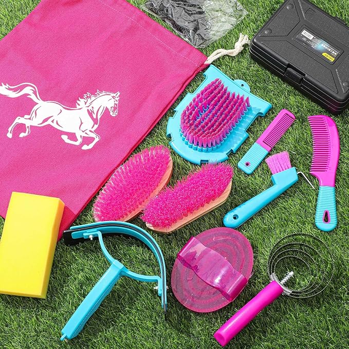 Abbylike 12 Pieces Horse Grooming Kit Racing Festival Tack Room Supplies Horse Brush Sets Equine Care Cleaning Kit Shedding Grooming Massaging Tools(Rose Red)-PurrikoPets