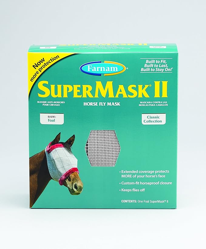 Farnam SuperMask II Fly Mask Without Ears for Foals, Full Face Coverage and Eye Protection from Insect Pests, Structured Classic Styling Mesh with Plush Trim, Foal Size-PurrikoPets
