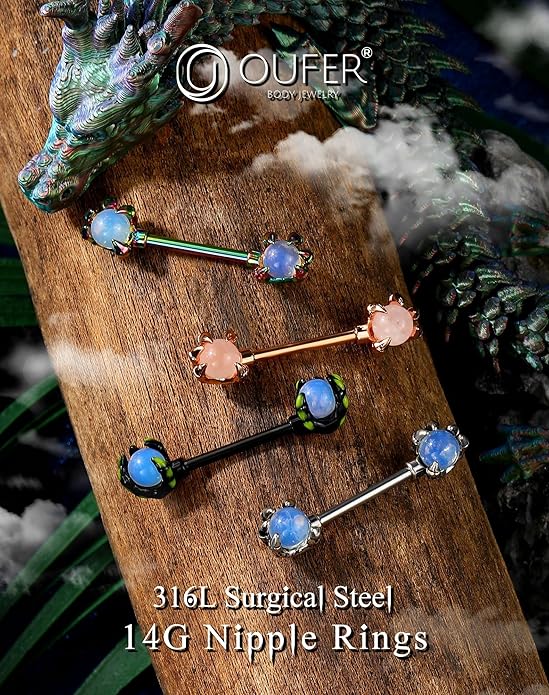 OUFER 14G Nipple Rings - 316L Surgical Steel Piercing Jewelry, 2PCS Pink Opals Surrounded by Dragon Claws Barbell