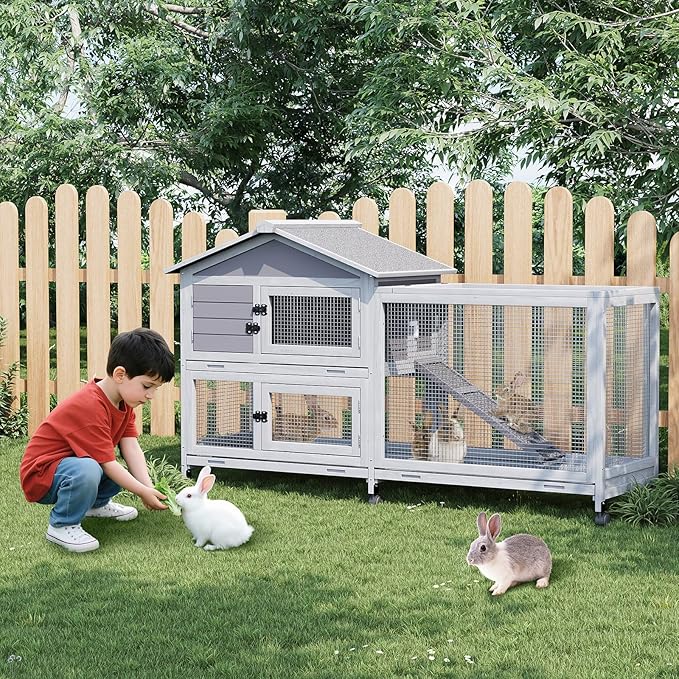 2-Tier Rabbit & Chicken House Mobile,Wooden Chicken Coop & Bunny Cage with Non-Slip Ramp, 4 Doors,Waterproof Roof & Pull-Out Tray,Outdoor/Indoor Pet Cage Movable-PurrikoPets