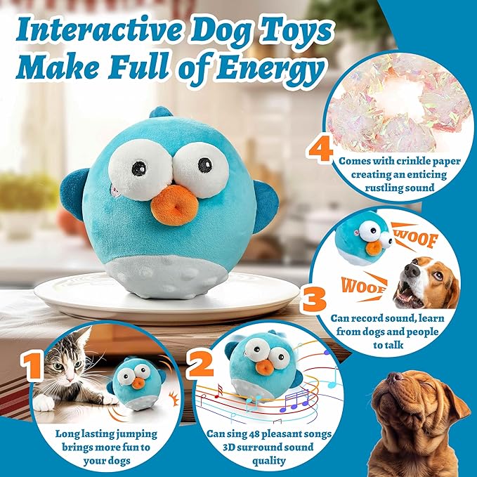 Dog Toys,Rechargeable Crinkle Chew Interactive Squeaky Toy with Jumping Music Moving Ball for Small Medium Large Breed Puppy Toys to Keep Pets Busy (Puffer)-PurrikoPets