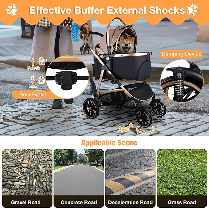 Dog Stroller for Small Medium Dogs, 3 in 1 Folding Pet Stroller Up to 33 lbs, 4 Wheels Pet Strolling Cart with Zipperless Entry, Cat Dog Travel Carrier with Cup Holder & Storage Basket-PurrikoPets