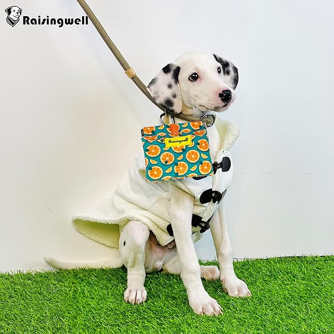 Dog Treat Pouch,Cotton Pocket Sized Training Holder, Hand Free Walking Funny Bag with Carabiner, Self-Closing Pet Feed Snack Reward, Behavior Aids for Puppy Travel or Outdoor Use（Fruit Orange）-PurrikoPets