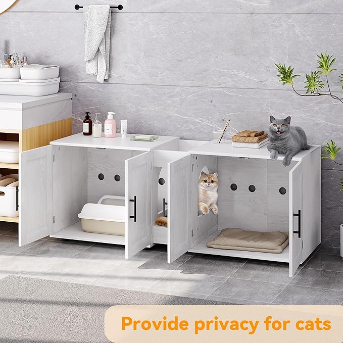 Gaomon Litter Box Enclosure with Double Cage, Cat House,Hidden Litter Box Enclosure Furniture for 2 Cats, Wooden Enclosed Cat Litter Box Furniture,55”L x 17.7”W x 22.5”H,White-PurrikoPets