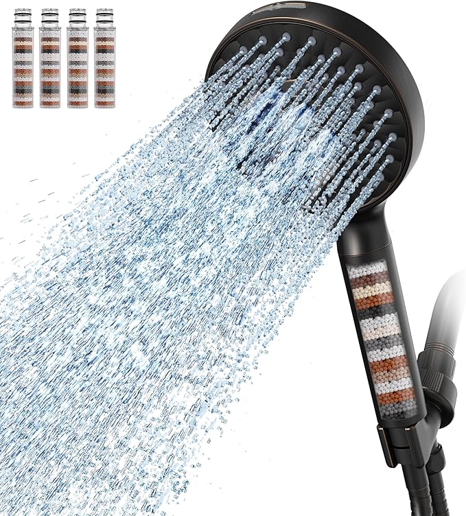 Filtered Shower Head with Handheld, High Pressure 9 Spray Mode ORB Showerhead with 4 Filters, Detachable Shower Head, Water Softener Filters Beads for Hard Water - Remove Chlorine-PurrikoPets