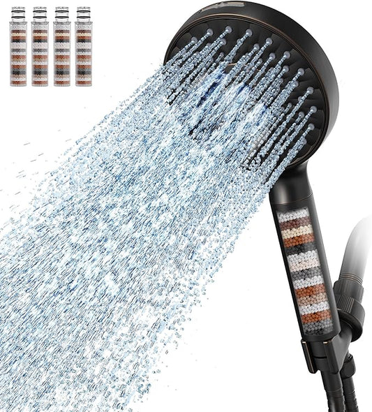 Filtered Shower Head with Handheld, High Pressure 9 Spray Mode ORB Showerhead with 4 Filters, Detachable Shower Head, Water Softener Filters Beads for Hard Water - Remove Chlorine-PurrikoPets
