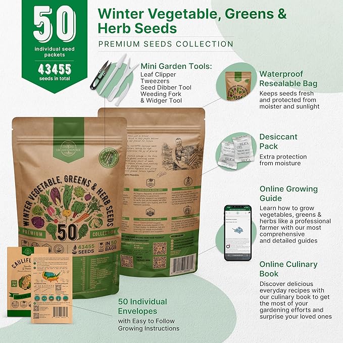 50 Winter Vegetable Garden Seeds Variety Pack - 43,450+ Non-GMO Heirloom Seeds for Outdoors & Indoor Home Gardening, Including Kohlrabi, Lettuce, Radish, Onion, Choy, Spinach, Cauliflower, Collards-PurrikoPets