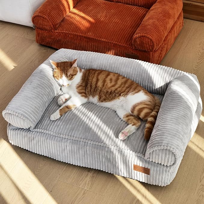 FUKUMARU Dog Couch Bed, Corduroy Cozy Cat Bed for Indoor Cats with Washable Cover, Supportive Waterproof Dog Beds Sofa for Small Dogs and Large Cats Cute, 28inch, Medium, Light Grey-PurrikoPets
