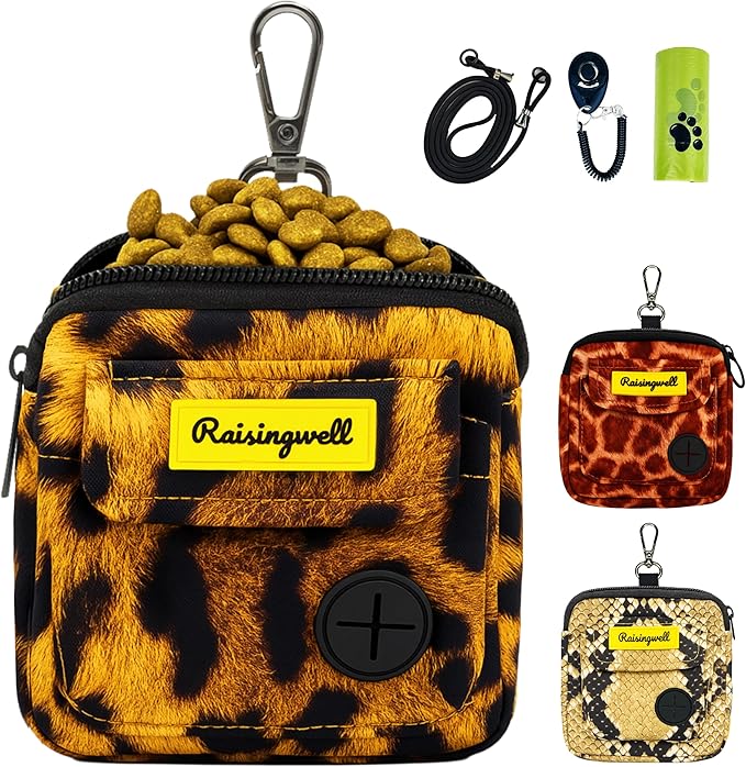 Dog Treat Pouch for Pet Walking and Training with Clicker Poop Bags and Double Bag Design Small Fanny Zipper Pack Holder for Puppy Snack Dispenser Kit for Leash and Outdoor Use Leopard Print-PurrikoPets