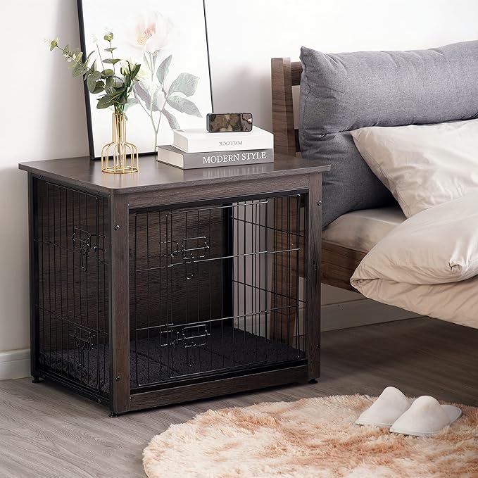DWANTON Dog Crate Furniture with Cushion, Wooden Kennel Table with Double Doors, Indoor Dog House, Small/Medium/Large/Extra Large Size, 27.2" L, Dark Gray-PurrikoPets
