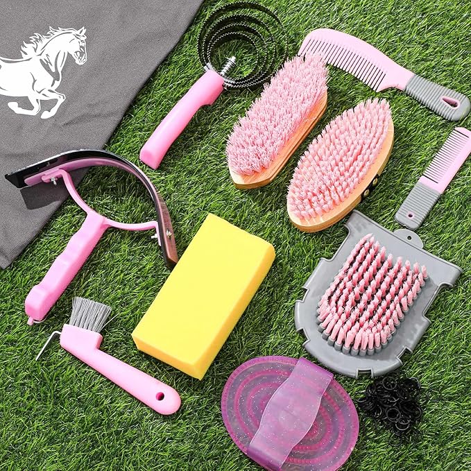 Abbylike 12 Pieces Horse Grooming Kit Racing Festival Tack Room Supplies Horse Brush Sets Equine Care Cleaning Kit Shedding Grooming Massaging Tools(Pink and Grey)-PurrikoPets
