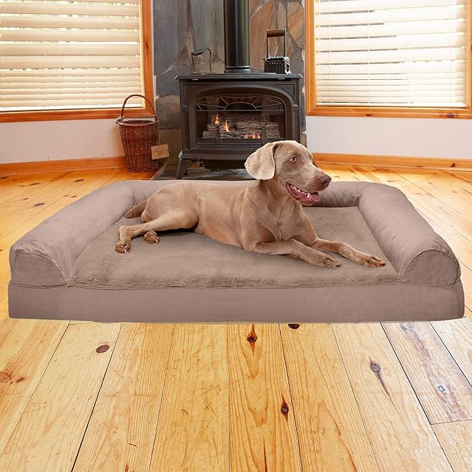 Furhaven Cooling Gel Dog Bed for Large Dogs w/ Removable Bolsters & Washable Cover, For Dogs Up to 125 lbs - Plush & Suede Sofa - Almondine, Jumbo Plus/XXL-PurrikoPets