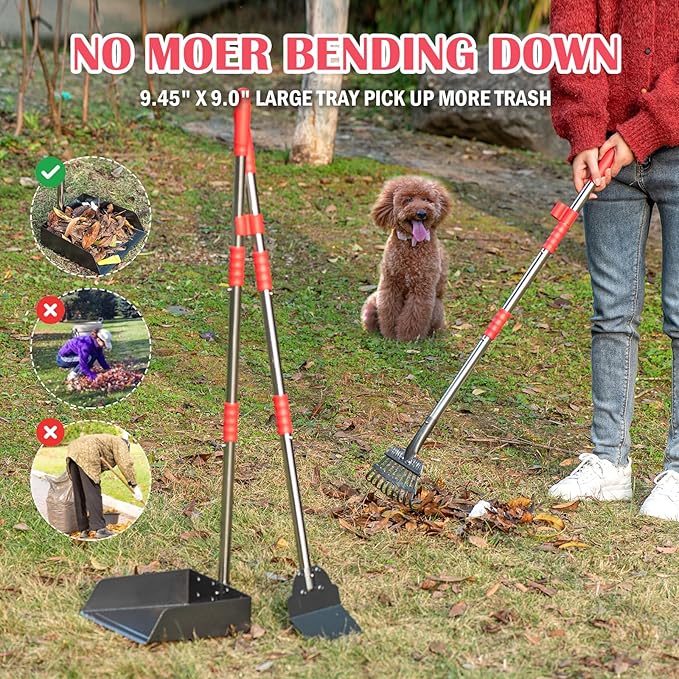 Dog Pooper Scooper Set, Pooper Scooper for Dog, Heavy Duty Stainless Steel Rake with Extra Large Tray & Spade No Bending Clean Up for Pet Waste Removal, for Grass, Dirt Or Gravel.-PurrikoPets