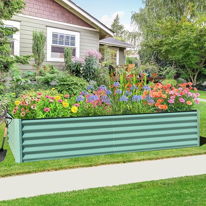 Domi Raised Garden Beds Outdoor, 8x4x1.5Ft Thickening Tall Metal Rectangular Deep Root Box Planter for Vegetables, Flowers, Herbs, and Succulents 1.5" Deep w/ 342 Gallon Capacity - Green-PurrikoPets