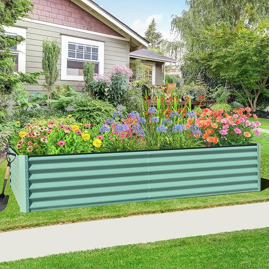 Domi Raised Garden Beds Outdoor, 8x4x1.5Ft Thickening Tall Metal Rectangular Deep Root Box Planter for Vegetables, Flowers, Herbs, and Succulents 1.5" Deep w/ 342 Gallon Capacity - Green-PurrikoPets