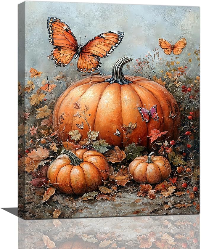 Fall Pumpkin Pictures Wall Art, Rustic Thanksgiving Bathroom Wall Decor, Farmhouse Autumn Butterfly Framed Painting Canvas Artwork for Harvest Gift Bedroom Living Room Decorations 20"L x 16"W-PurrikoPets
