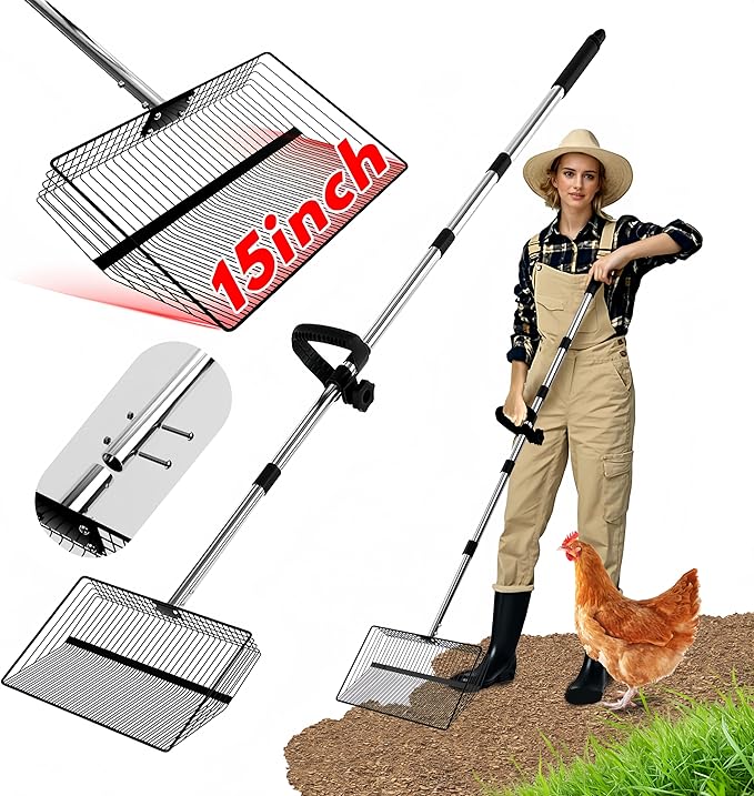 15inch Large Chicken Poop Scooper, 2 Slot Widths (0.16"&0.28"), 39" to 76" Adjustable Stainless Steel Handle, Sifting Litter Shovel for Chicken Coop/Stables/Farm Cleaning(with Effortless Grip)-PurrikoPets