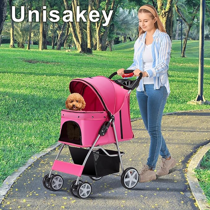 4 Wheels Pet Stroller for Small Medium Dogs Cats 10-33 lbs, Foldable Dog and Cat Stroller with Cup Holder & Storage Basket & Breathable Mesh, Pet Strolling Cart for All-Season, Pink-PurrikoPets