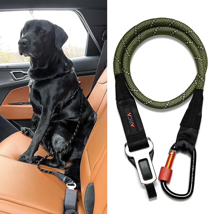 Dog Seat Belt for Car | Universal Dog Car Seatbelt | Durable Reflective Rope with Clip Hook Latch, Buckle and Carabiner- Safe and Secure Pet Safety Restraint (Army Green)-PurrikoPets