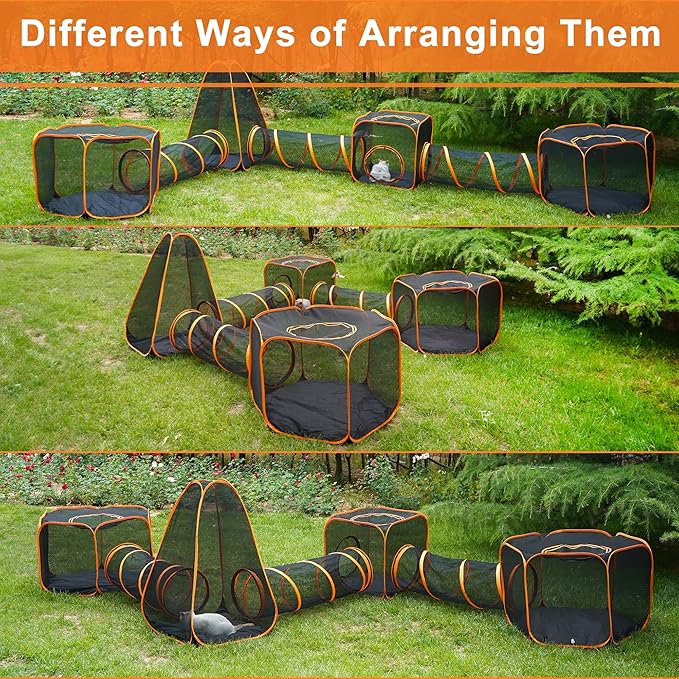 7 in 1 Outdoor Cat Enclosure, Foldable Pop-Up Mesh Playpen Tunnel for Pet Run, Foldable Outside Enclosed Tent Cage for Small Dogs, Rabbit and Other Animals-PurrikoPets