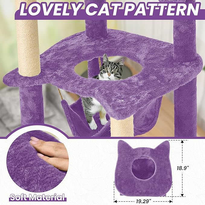 55 Inch Large Cat Tree Tower for Indoor Cats with Hammock Green Leaves Sisal Scratching Post, Plush Hang Ball Play Furniture for Kittens & Adult Cats, New Purple-PurrikoPets