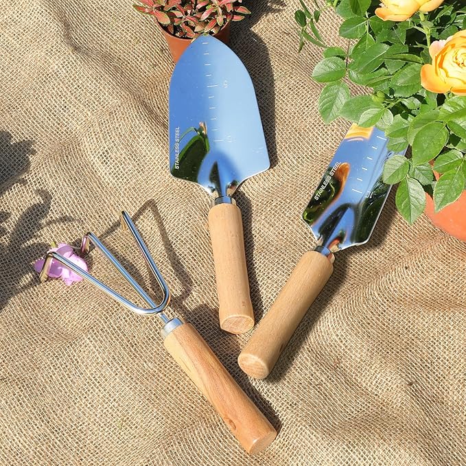 Garden Tool Set, 3 Pieces Gardening Kit with Garden Plant Twist Tie and Plastic Plant Tag, Stainless Steel Heavy Duty Garden Tools with Wooden Handle, Gardening Gifts for Women-PurrikoPets