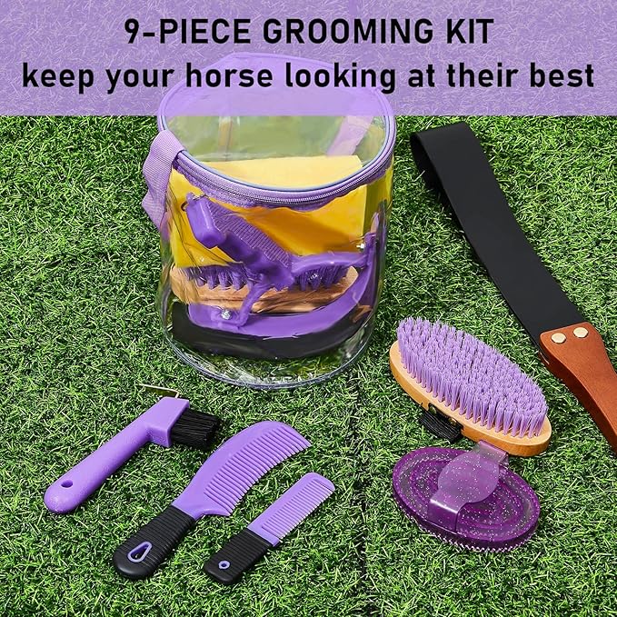 9 Pieces Horse Grooming Kit Tack Room Supplies Set with Organizer Tote Bag, Oval Massage Curry, Hard and Soft Brush, Hoof Pick, Sweat Scraper, Bathing Sponge, Combs for Horse Riders Beginners (Purple)-PurrikoPets