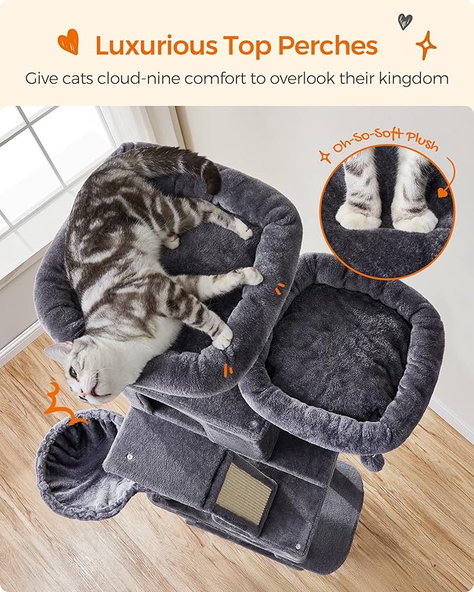Feandrea Cat Tree, 81.1-Inch Large Cat Tower with 13 Scratching Posts, 2 Perches, 2 Caves, Basket, Hammock, Pompoms, Multi-Level Plush Cat Condo for Indoor Cats, Smoky Gray UPCT190G01-PurrikoPets