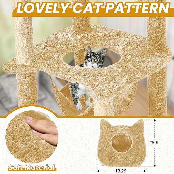 55 Inch Large Cat Tree Tower for Indoor Cats with Hammock Green Leaves Sisal Scratching Post, Plush Hang Ball Play Furniture for Kittens & Adult Cats, New Beige-PurrikoPets