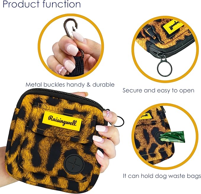 Dog Treat Pouch for Pet Walking and Training with Clicker Poop Bags and Double Bag Design Small Fanny Zipper Pack Holder for Puppy Snack Dispenser Kit for Leash and Outdoor Use Leopard Print-PurrikoPets