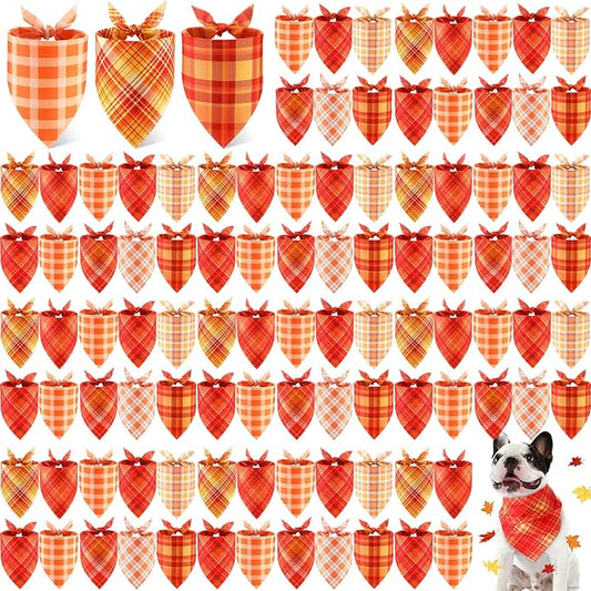 100 Pieces Fall Dog Bandanas Bulk Plaid Bandanas for Dogs Autumn Thanksgiving Soft Doggie Bibs Adjustable Triangle Scarves for Small Medium Large Pet Fall Autumn Costume-PurrikoPets