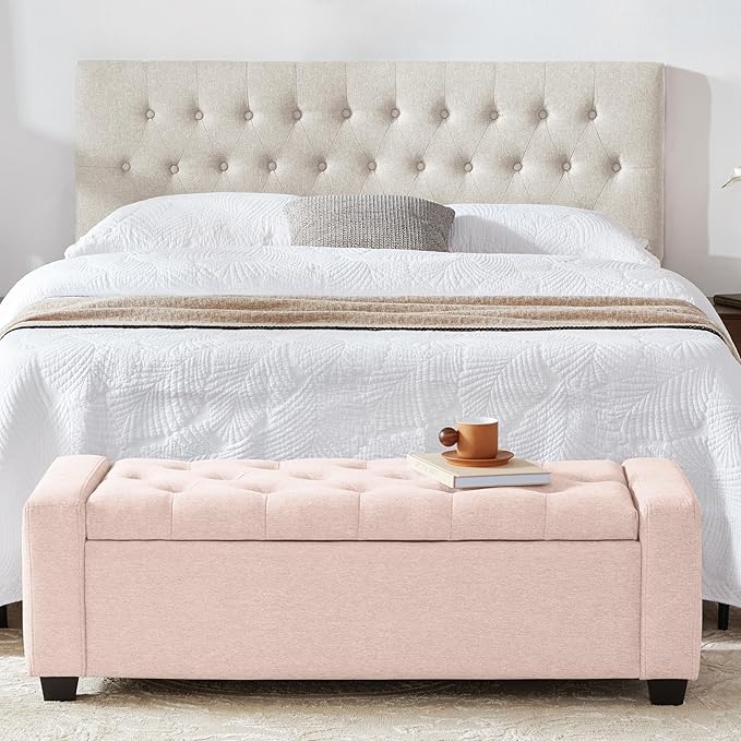 48" Ottoman with Storage, Pink Storage Ottoman Bench with Safety Hinge, Upholstered Entryway Bench with Seating for Bedroom, Living Room, Holds up to 330 lb-PurrikoPets